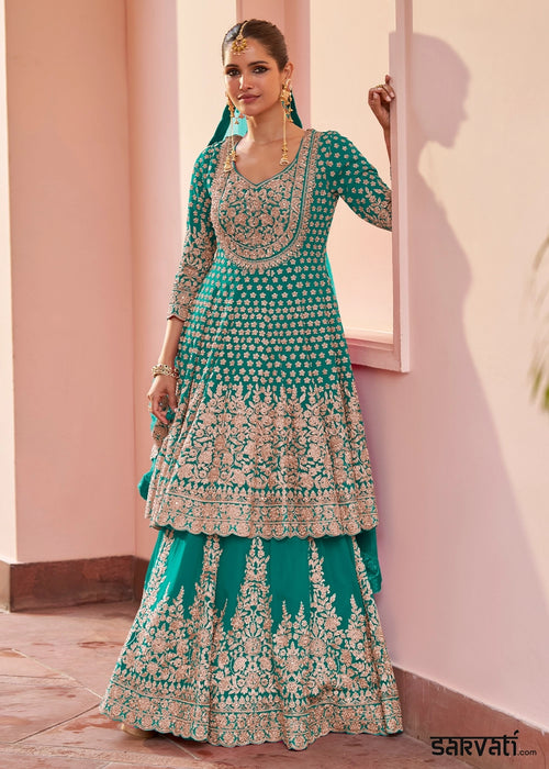 Persian Green Georgette Skirt and Top Ensemble with All-Over Embroidery