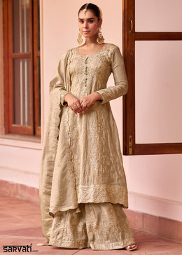 Champagne Beige Silk Palazzo Suit Set with Intricate Embroidery