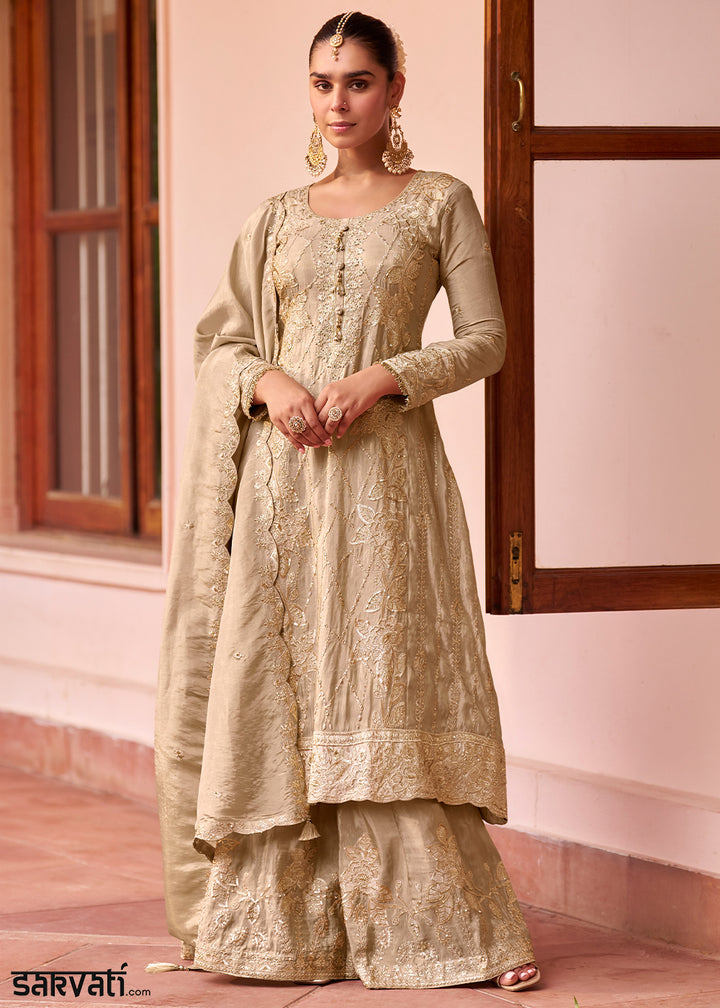 Champagne Beige Silk Palazzo Suit Set with Intricate Embroidery
