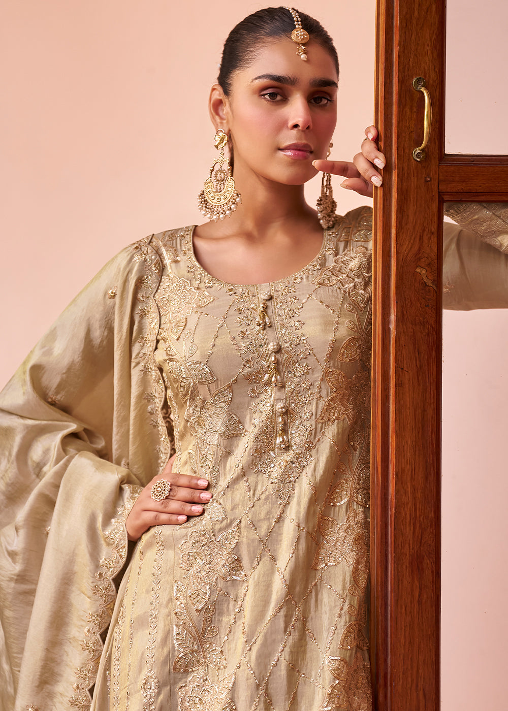 Champagne Beige Silk Palazzo Suit Set with Intricate Embroidery