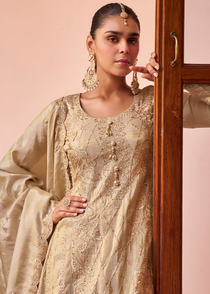 Champagne Beige Silk Palazzo Suit Set with Intricate Embroidery