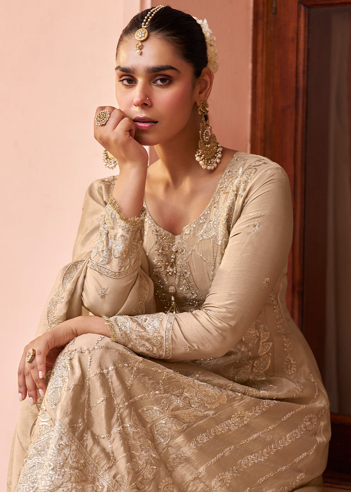Champagne Beige Silk Palazzo Suit Set with Intricate Embroidery