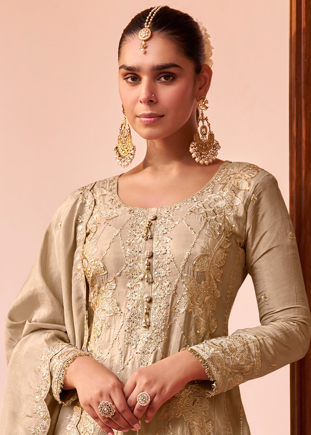 Champagne Beige Silk Palazzo Suit Set with Intricate Embroidery
