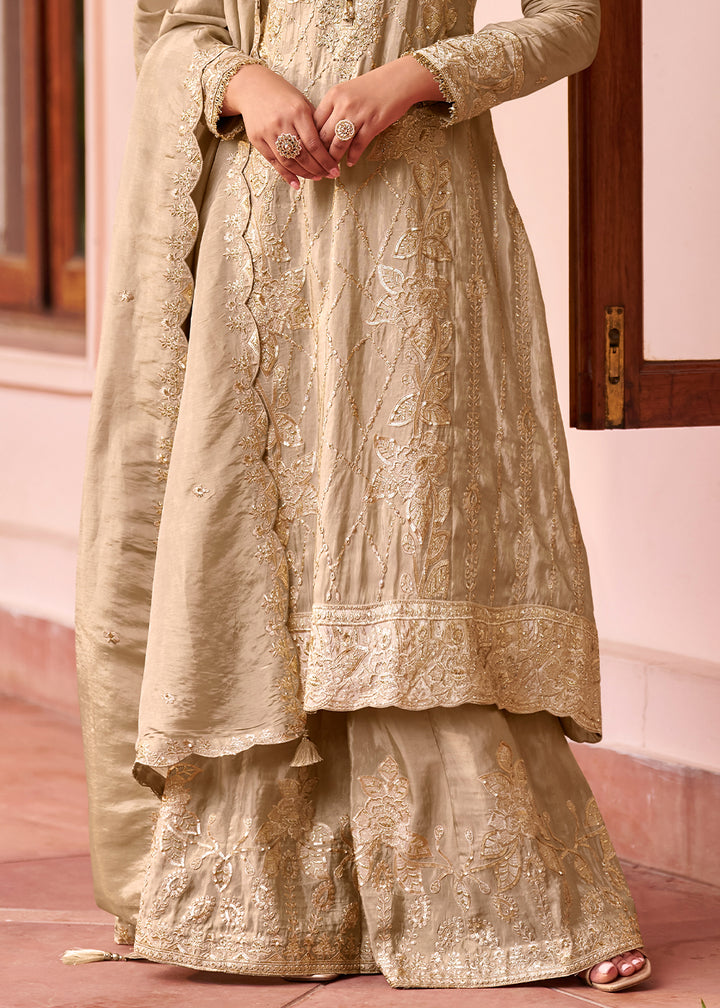 Champagne Beige Silk Palazzo Suit Set with Intricate Embroidery