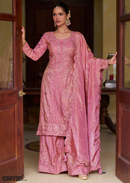 Rose Pink Silk Palazzo Suit Set with Intricate Embroidery