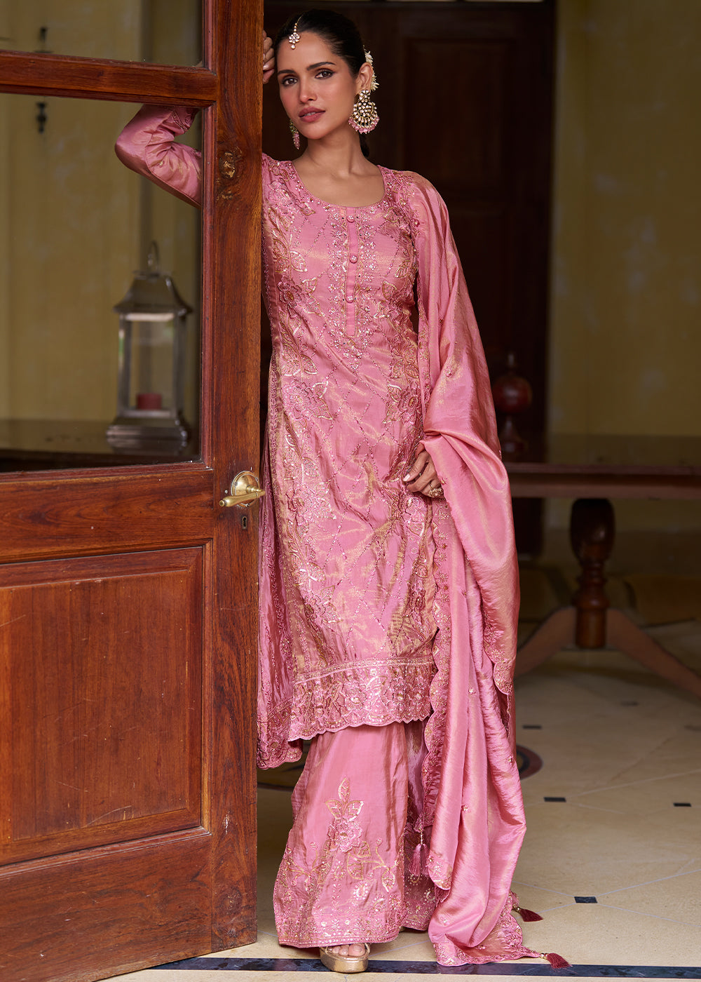 Rose Pink Silk Palazzo Suit Set with Intricate Embroidery