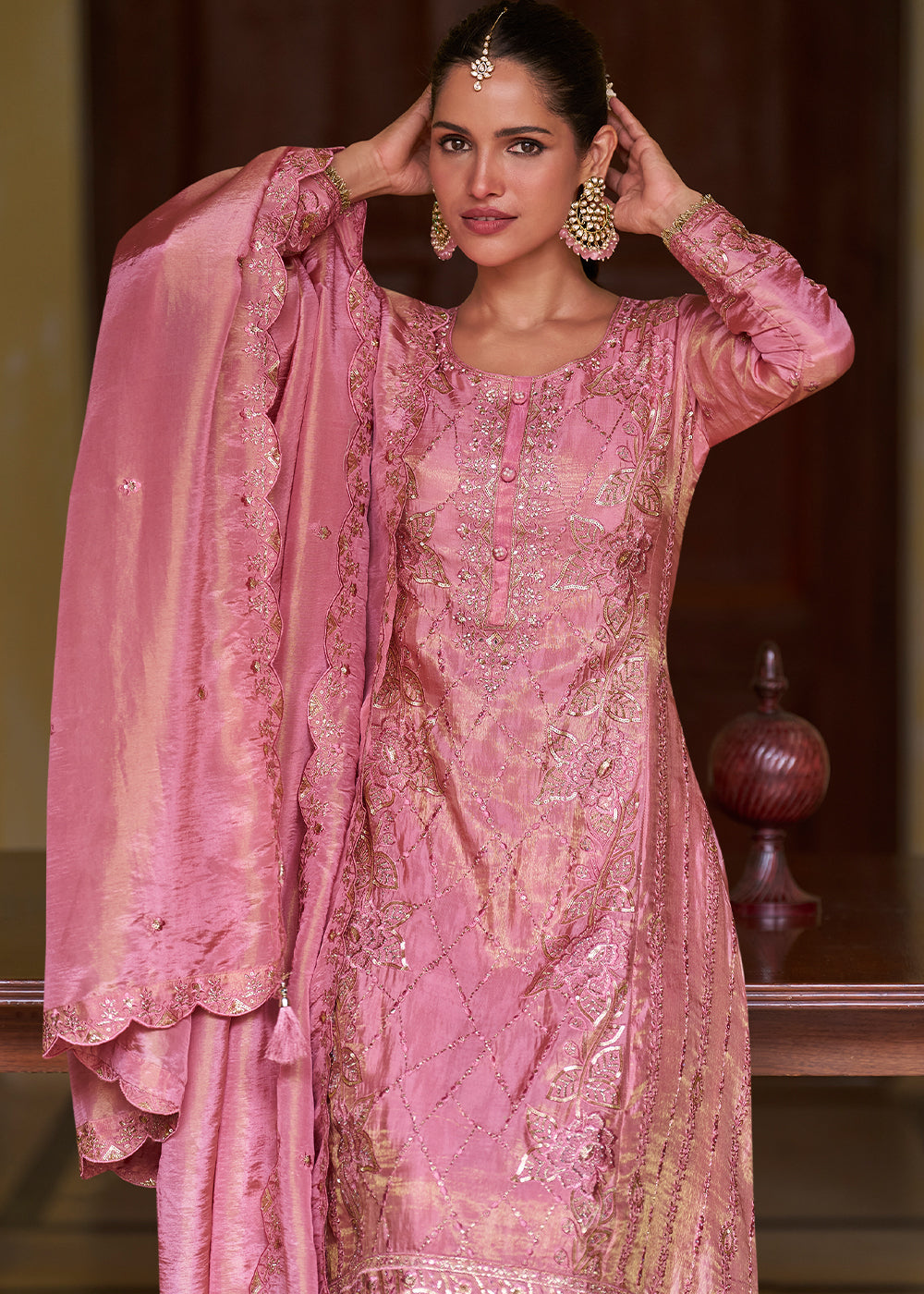 Rose Pink Silk Palazzo Suit Set with Intricate Embroidery