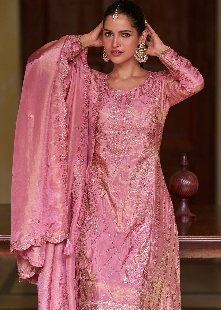 Rose Pink Silk Palazzo Suit Set with Intricate Embroidery