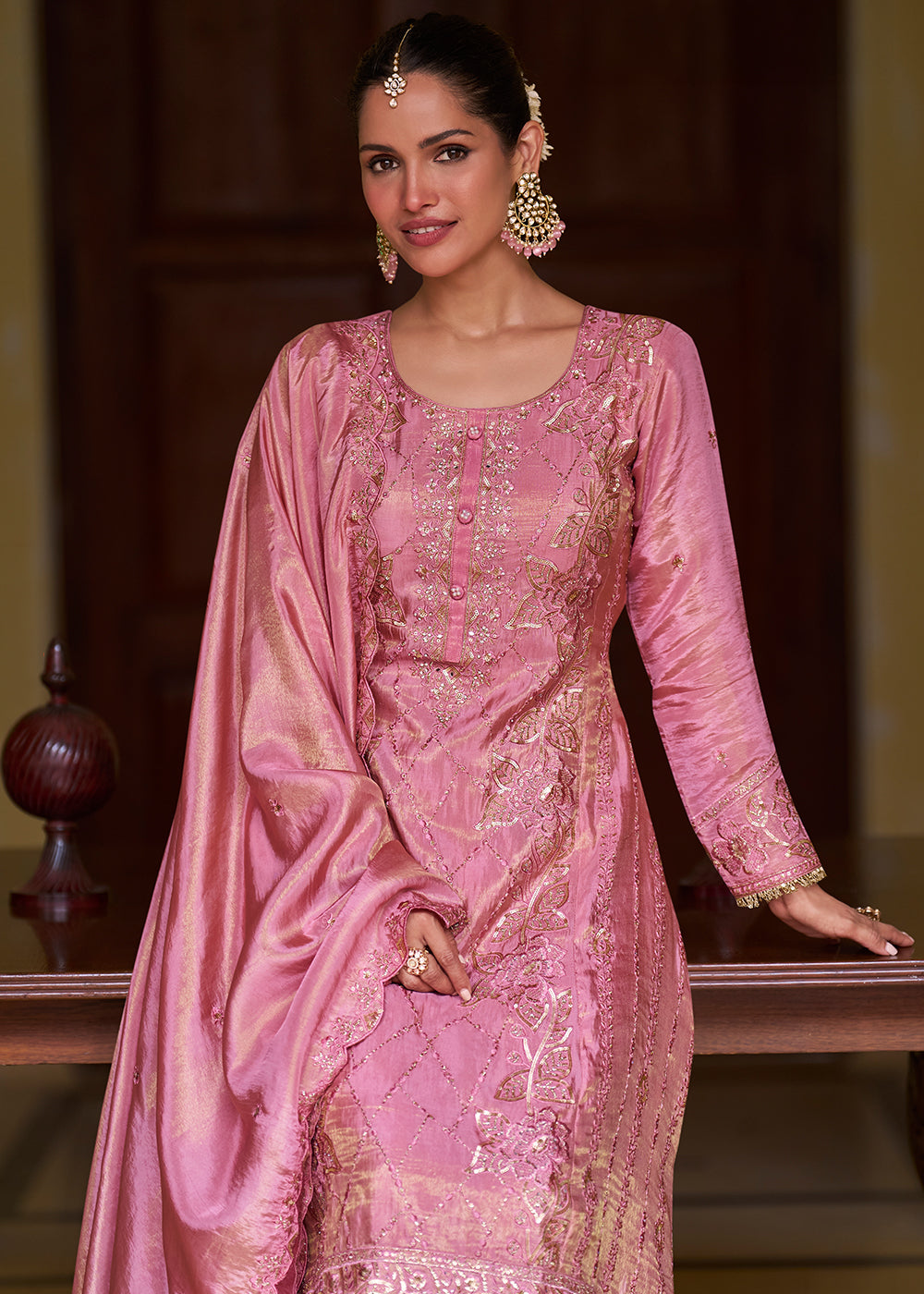 Rose Pink Silk Palazzo Suit Set with Intricate Embroidery