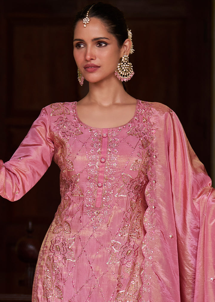 Rose Pink Silk Palazzo Suit Set with Intricate Embroidery
