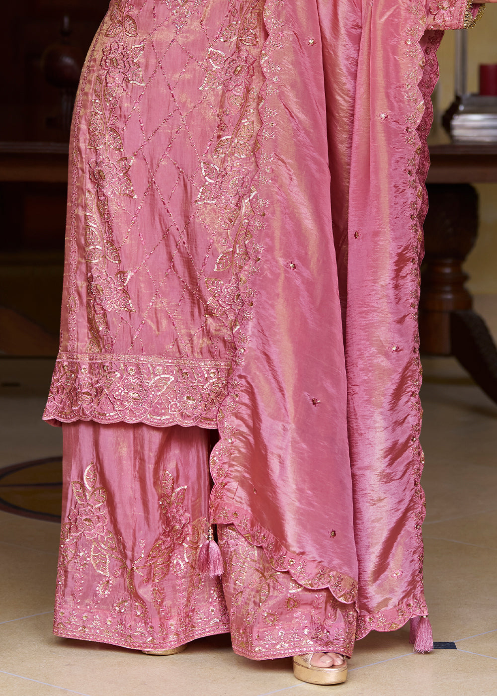 Rose Pink Silk Palazzo Suit Set with Intricate Embroidery