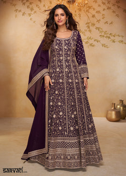 Eggplant Purple Georgette Anarkali Gown with Embroidery Accents