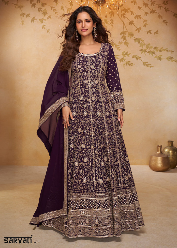 Eggplant Purple Georgette Anarkali Gown with Embroidery Accents