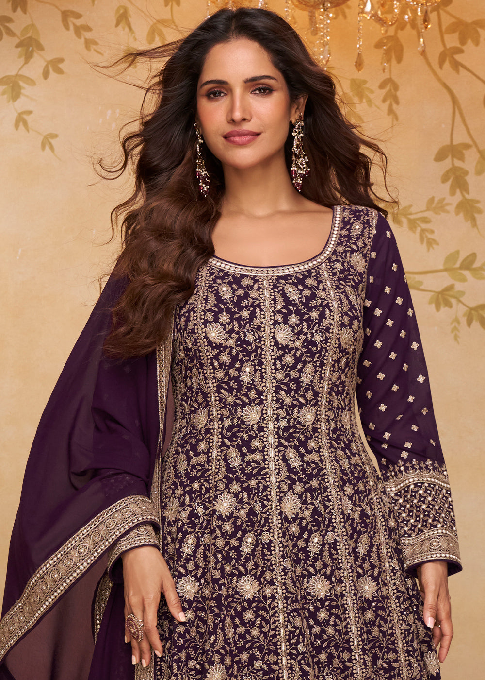 Eggplant Purple Georgette Anarkali Gown with Embroidery Accents