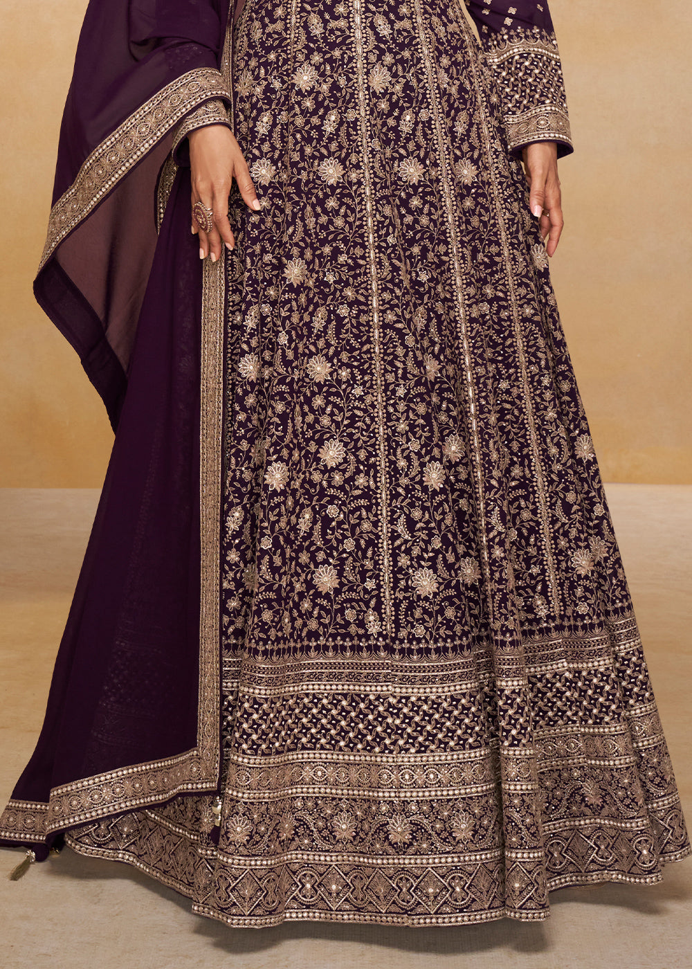 Eggplant Purple Georgette Anarkali Gown with Embroidery Accents