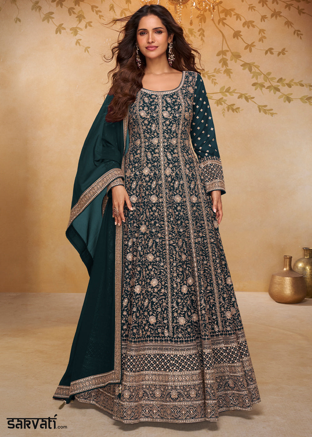 Dark Teal Green Georgette Anarkali Gown with Embroidery Accents