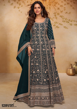 Dark Teal Green Georgette Anarkali Gown with Embroidery Accents