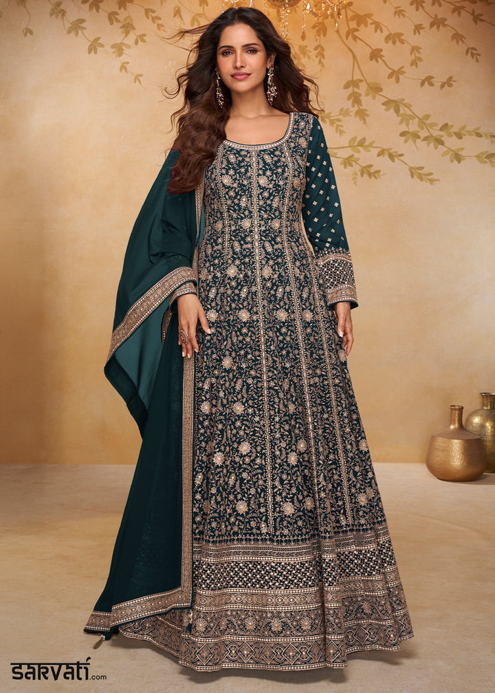 Dark Teal Green Georgette Anarkali Gown with Embroidery Accents