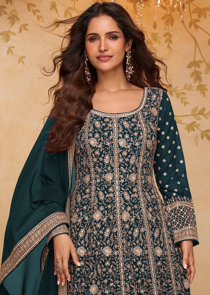 Dark Teal Green Georgette Anarkali Gown with Embroidery Accents
