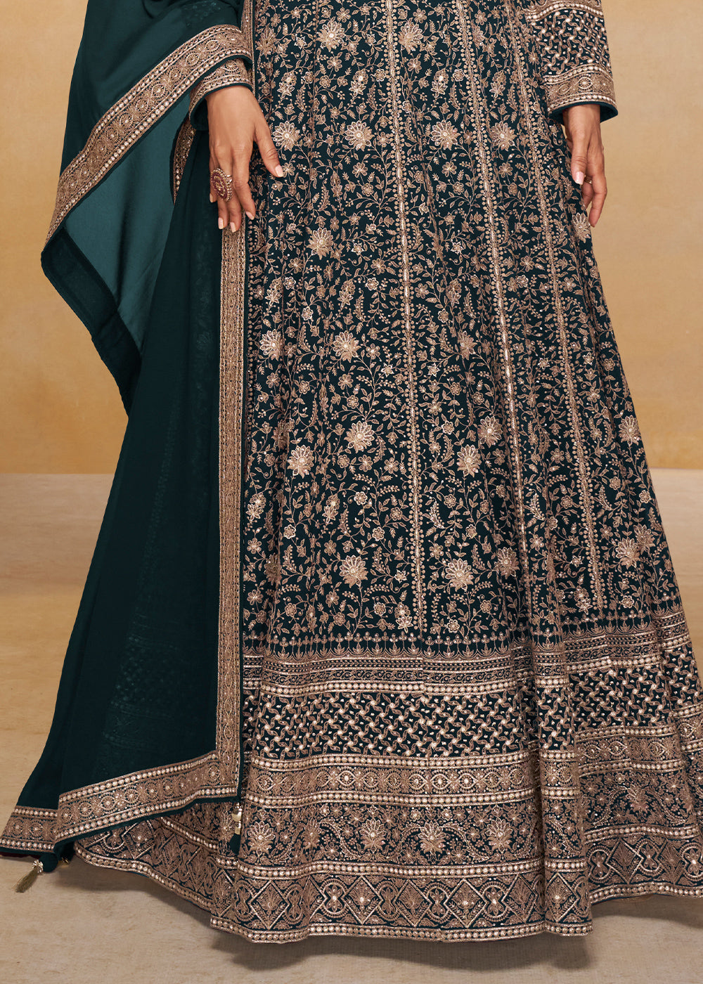 Dark Teal Green Georgette Anarkali Gown with Embroidery Accents