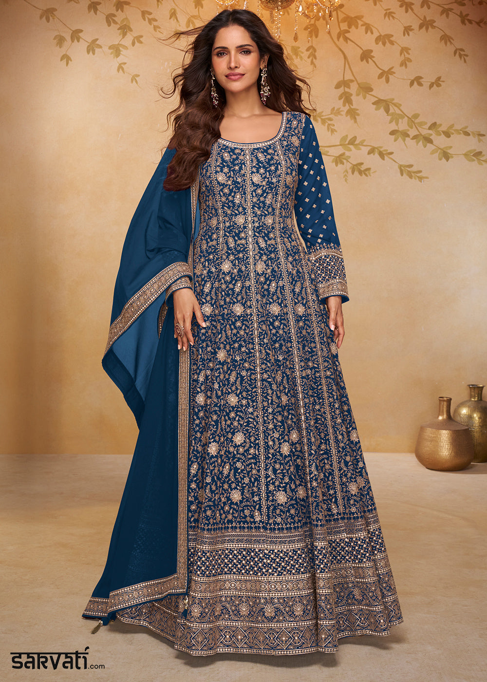 Egyptian Blue Georgette Anarkali Gown with Embroidery Accents