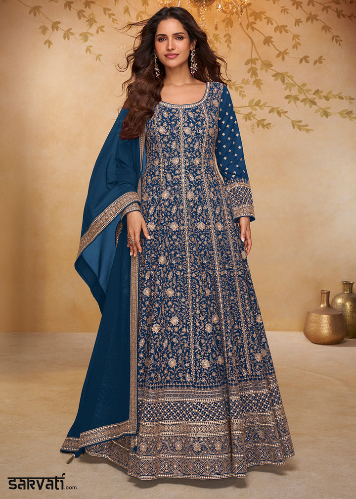 Egyptian Blue Georgette Anarkali Gown with Embroidery Accents