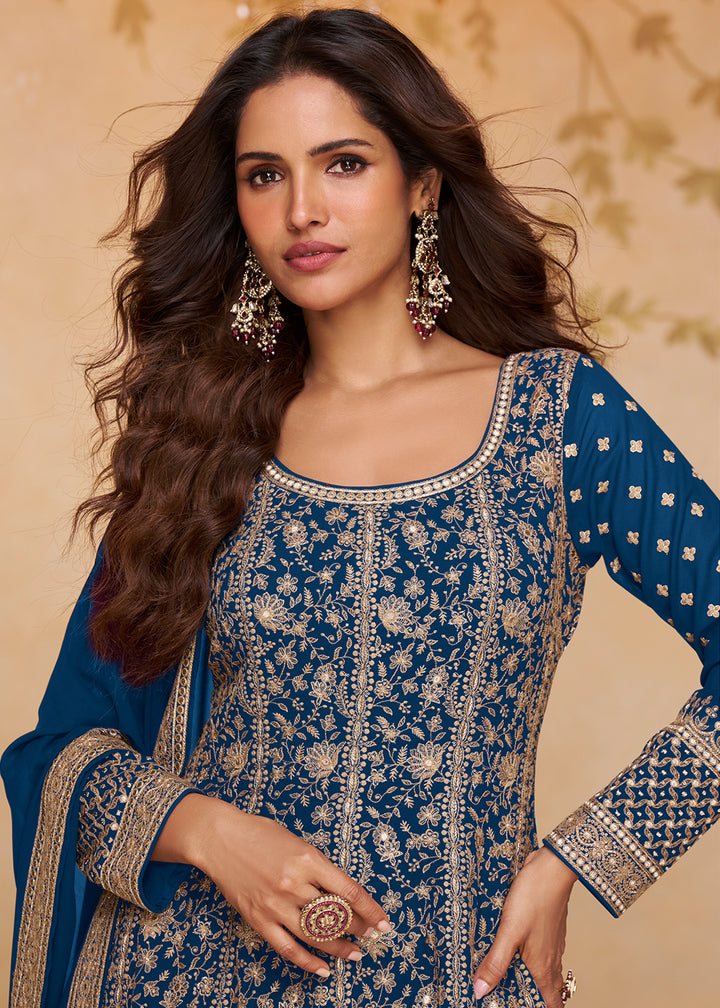 Egyptian Blue Georgette Anarkali Gown with Embroidery Accents