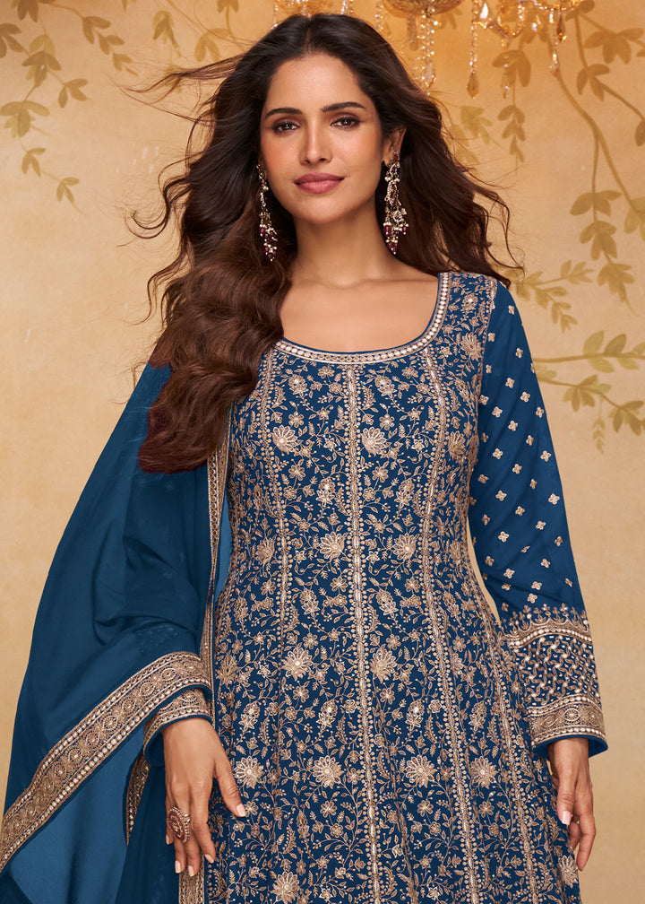 Egyptian Blue Georgette Anarkali Gown with Embroidery Accents