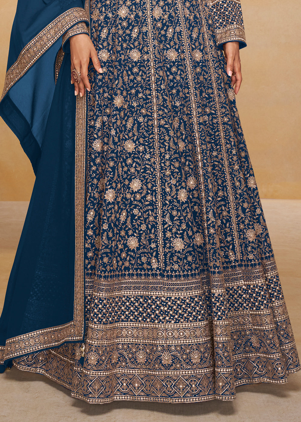 Egyptian Blue Georgette Anarkali Gown with Embroidery Accents