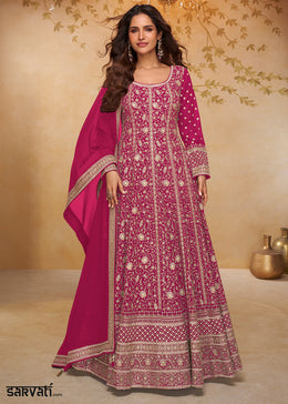 Magenta Pink Georgette Anarkali Gown with Embroidery Accents