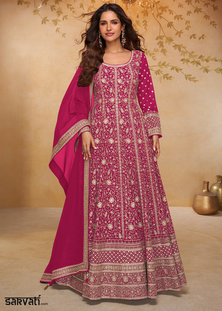 Magenta Pink Georgette Anarkali Gown with Embroidery Accents