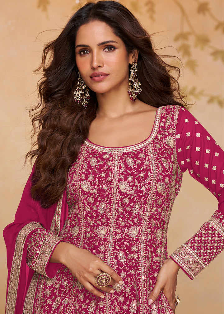 Magenta Pink Georgette Anarkali Gown with Embroidery Accents