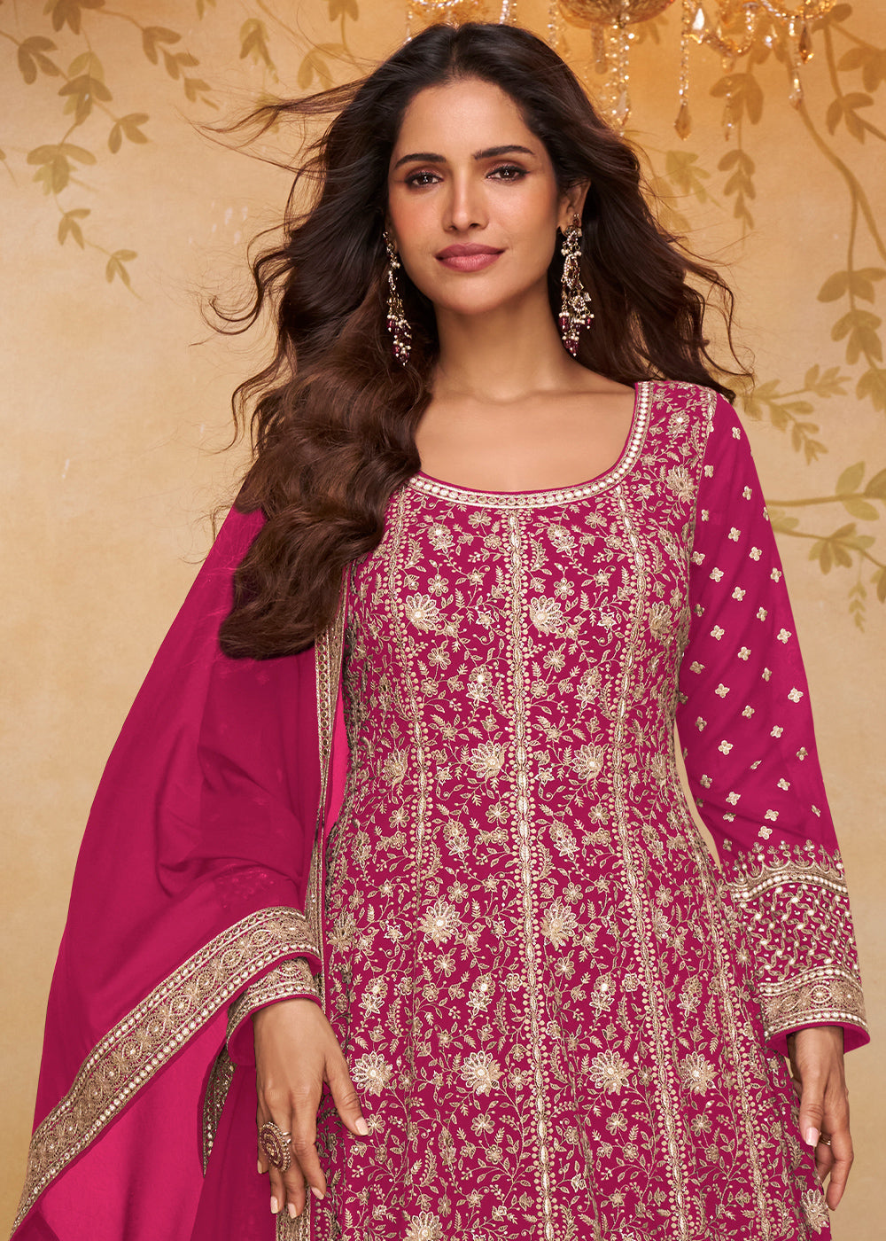 Magenta Pink Georgette Anarkali Gown with Embroidery Accents