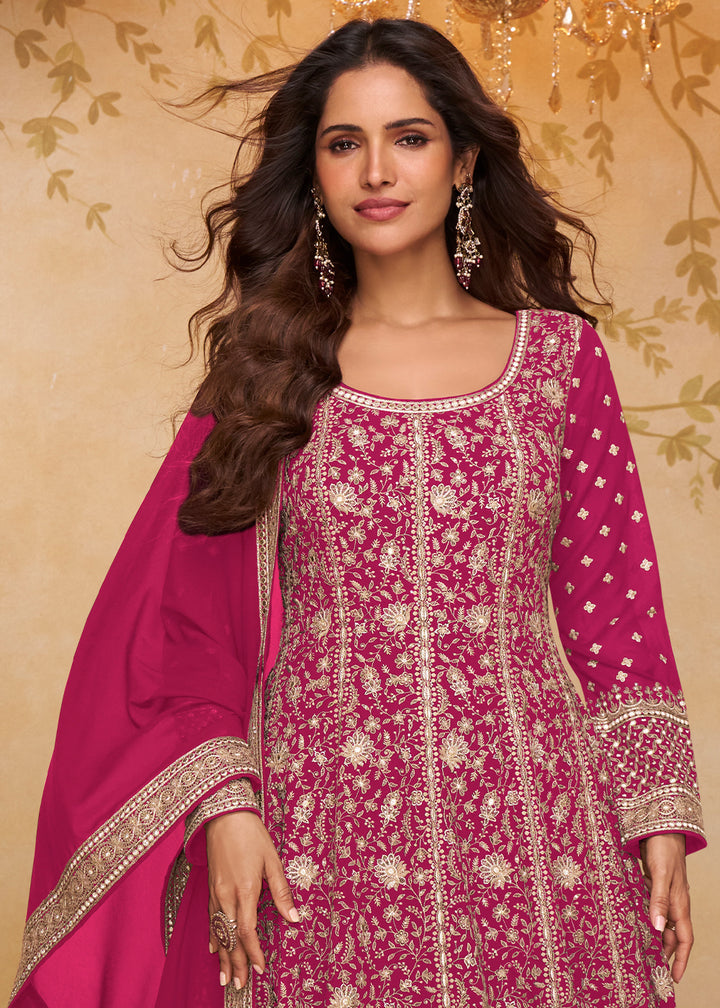 Magenta Pink Georgette Anarkali Gown with Embroidery Accents