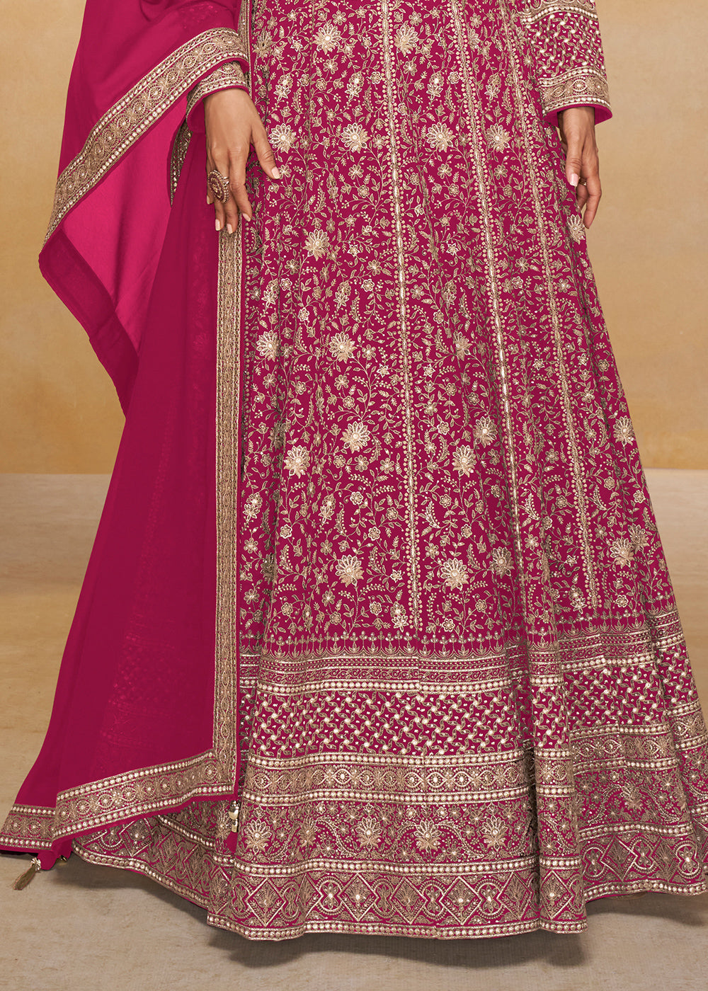 Magenta Pink Georgette Anarkali Gown with Embroidery Accents