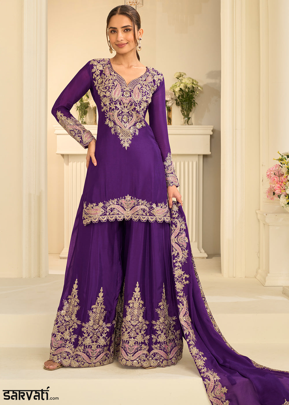 Royal Purple Chinon Kurta with Exquisite Floral &amp; Paisley Embroidery