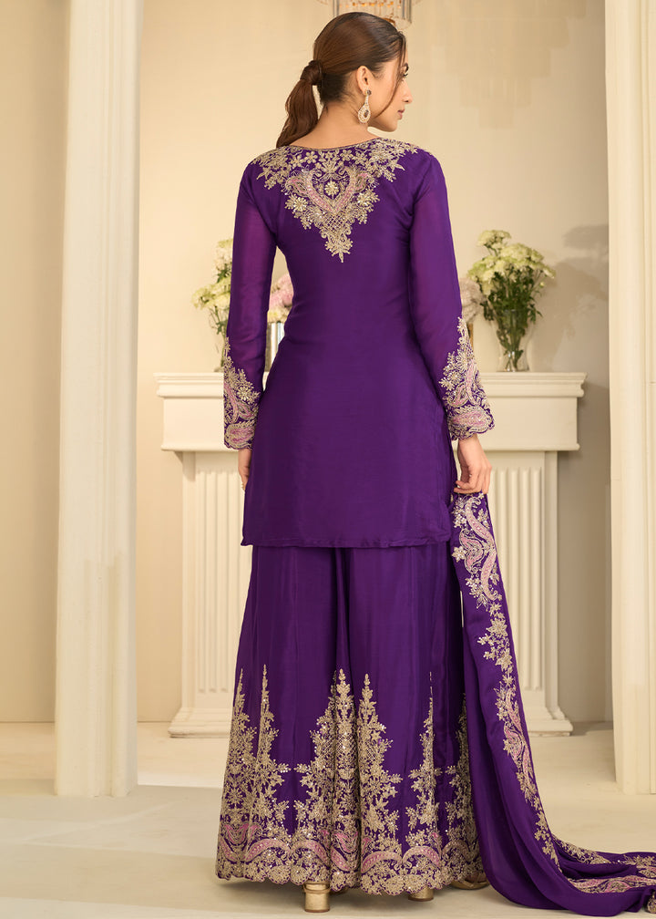Royal Purple Chinon Kurta with Exquisite Floral &amp; Paisley Embroidery