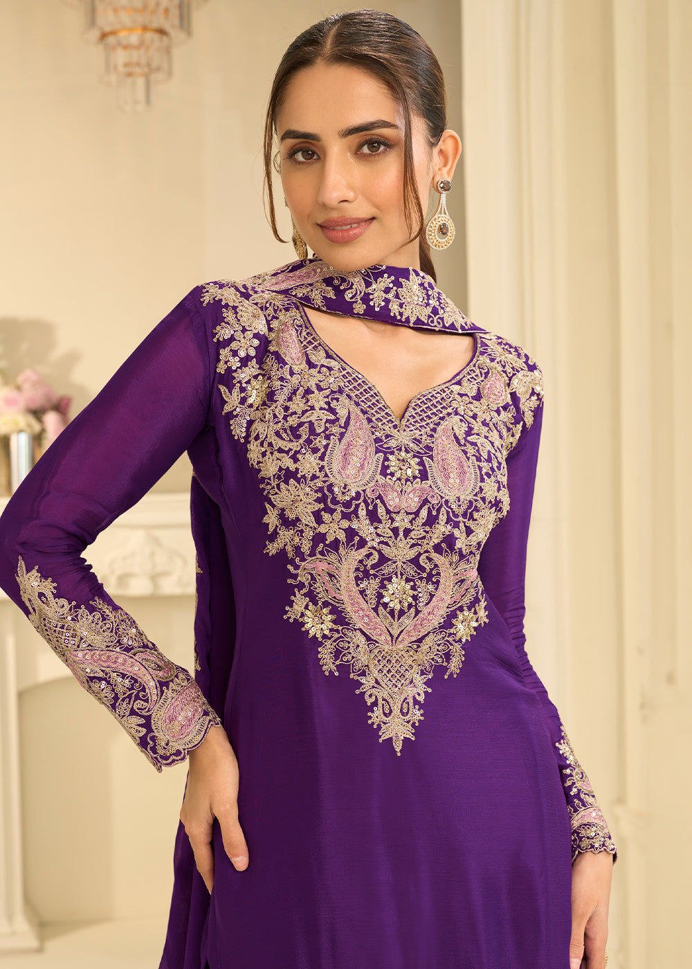 Royal Purple Chinon Kurta with Exquisite Floral &amp; Paisley Embroidery