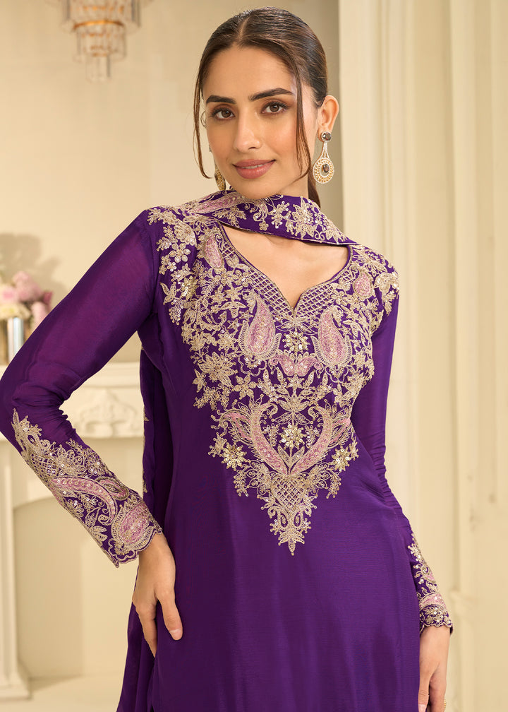 Royal Purple Chinon Kurta with Exquisite Floral &amp; Paisley Embroidery