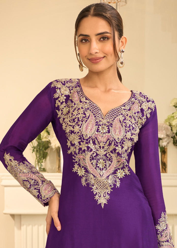 Royal Purple Chinon Kurta with Exquisite Floral &amp; Paisley Embroidery