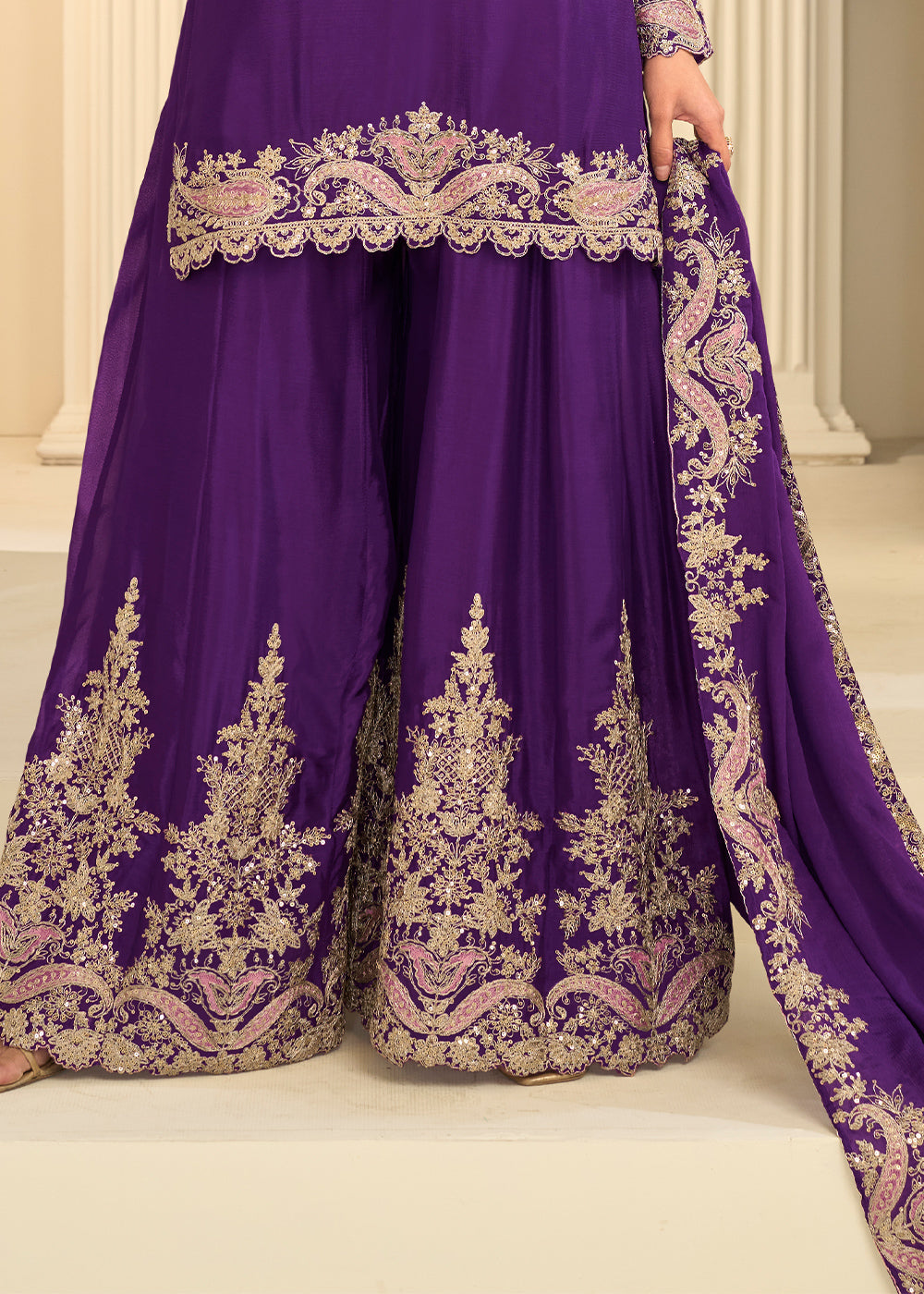 Royal Purple Chinon Kurta with Exquisite Floral &amp; Paisley Embroidery