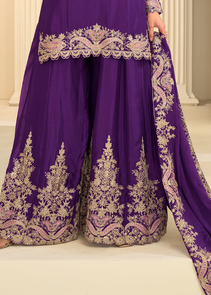 Royal Purple Chinon Kurta with Exquisite Floral &amp; Paisley Embroidery