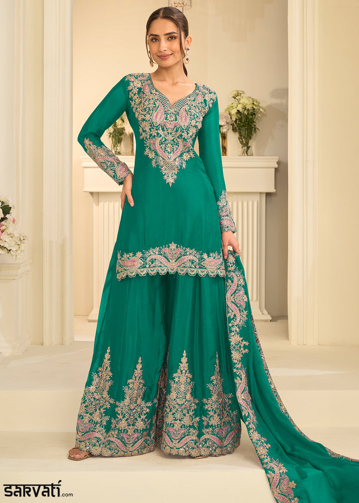 Teal Green Chinon Kurta with Exquisite Floral &amp; Paisley Embroidery
