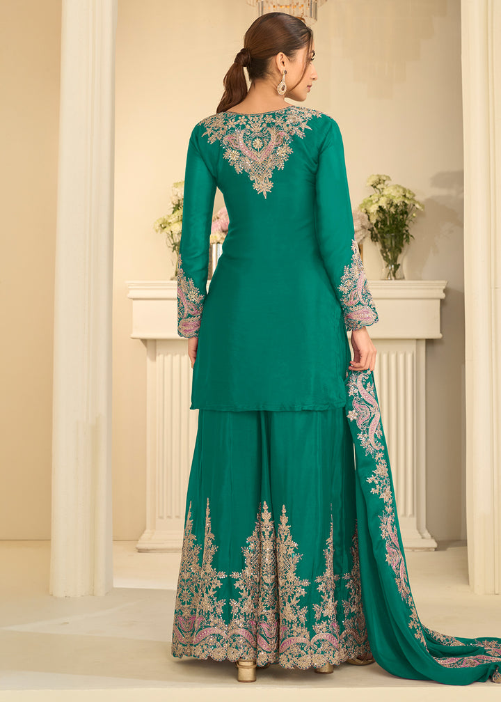 Teal Green Chinon Kurta with Exquisite Floral &amp; Paisley Embroidery