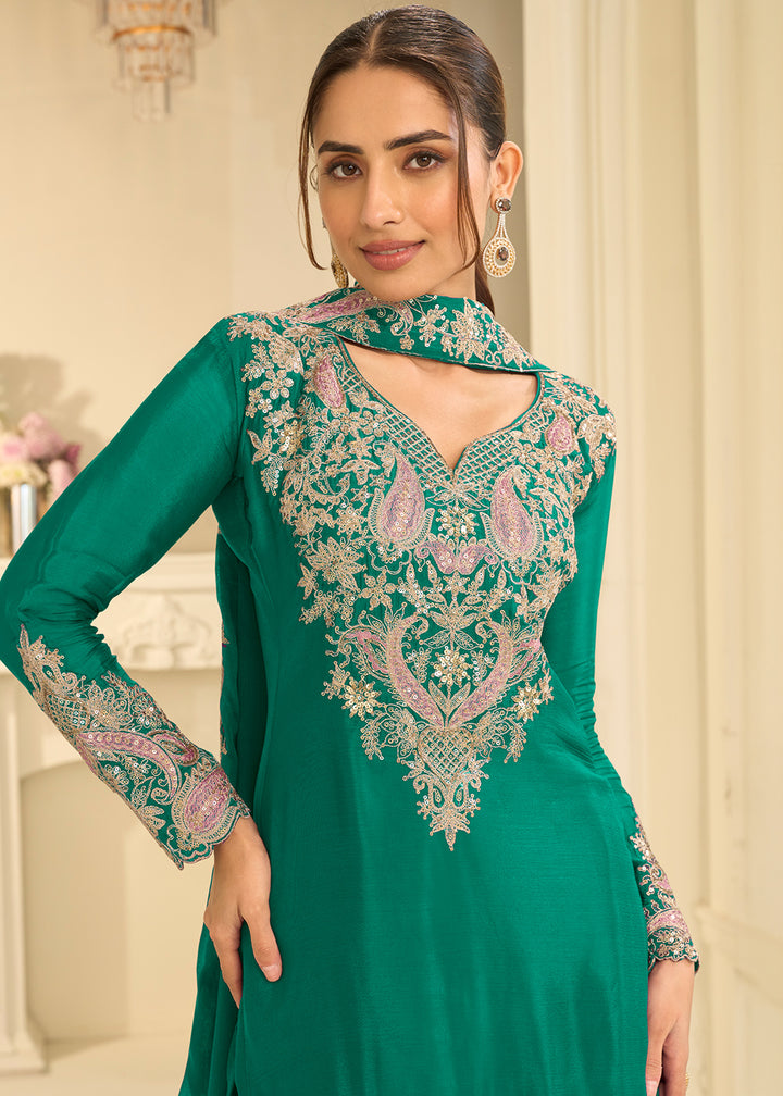 Teal Green Chinon Kurta with Exquisite Floral &amp; Paisley Embroidery