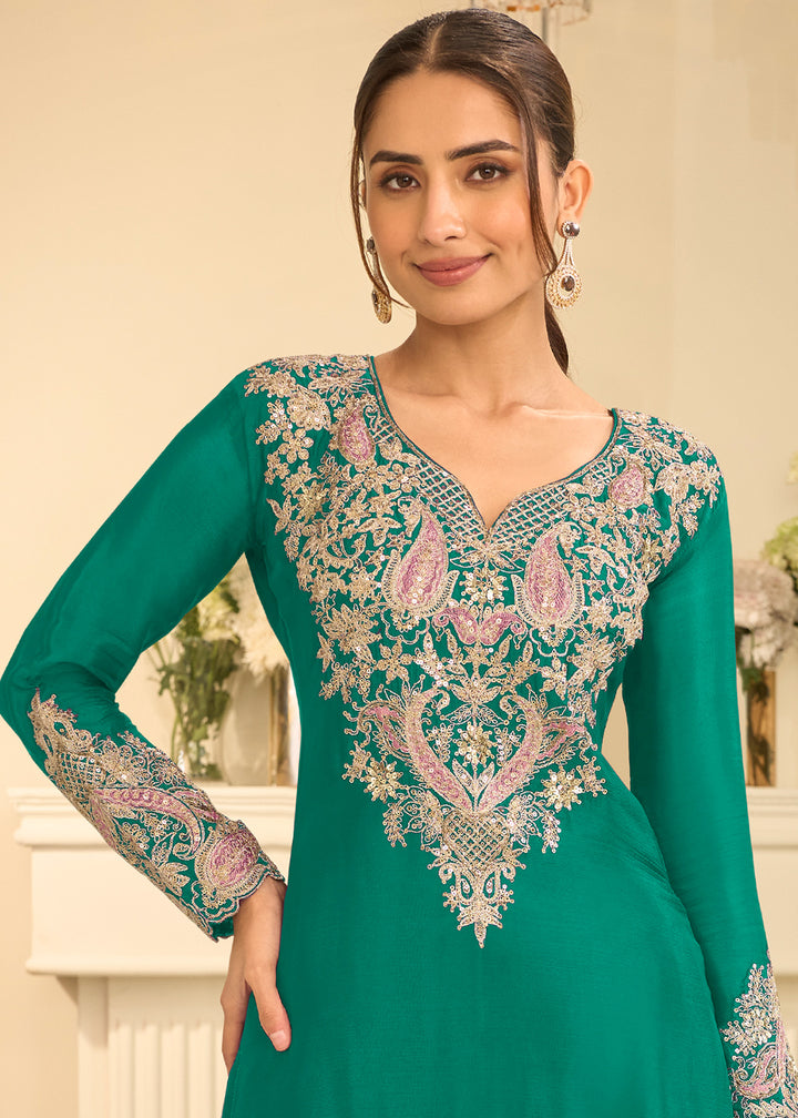Teal Green Chinon Kurta with Exquisite Floral &amp; Paisley Embroidery