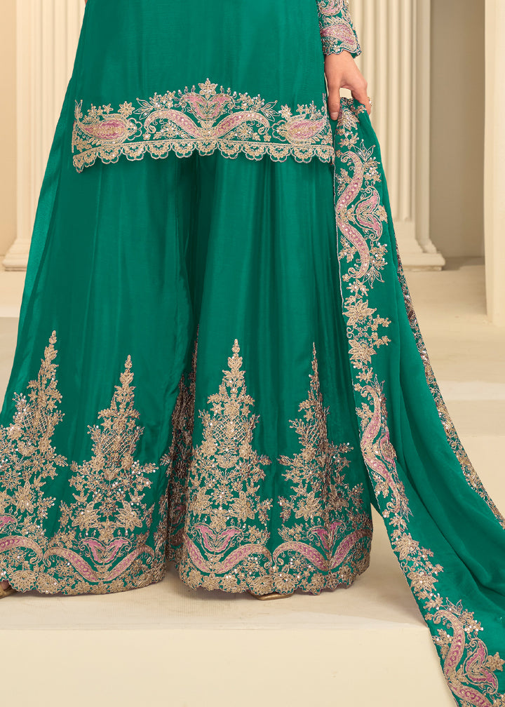 Teal Green Chinon Kurta with Exquisite Floral &amp; Paisley Embroidery