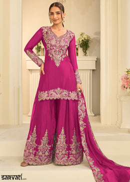Magenta Chinon Kurta with Exquisite Floral & Paisley Embroidery