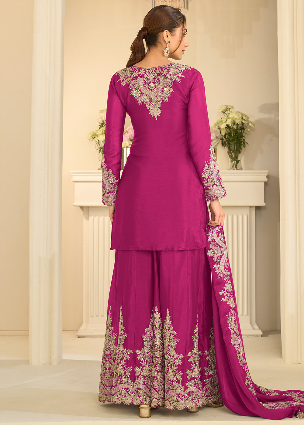 Magenta Chinon Kurta with Exquisite Floral &amp; Paisley Embroidery