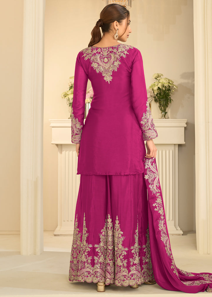 Magenta Chinon Kurta with Exquisite Floral &amp; Paisley Embroidery